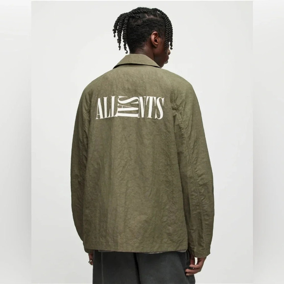 ALL SAINTS Sz S Breaker Olive Green Linen Blend Streetwear Oversized Jacket - Picture 2 of 16